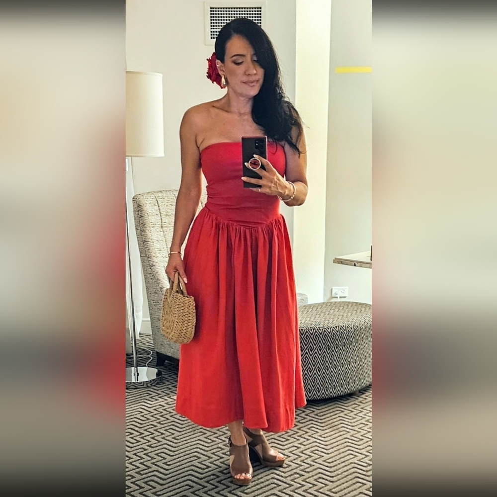 Free People Red Strapless Ruched Sundress